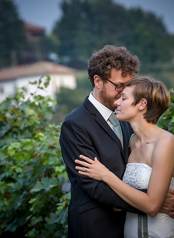 Der bräutigam küsst die Braut in den Weinbergen.